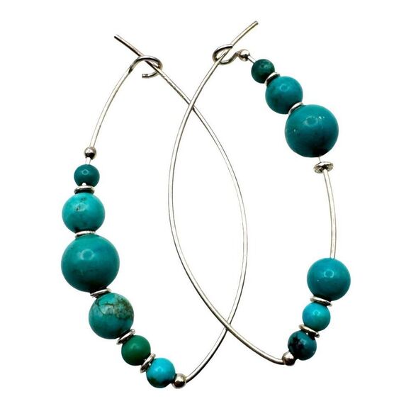 Sterling Silver & Turquoise Hoop Earrings Wire Beaded Southwest Petite 2" Long - Picture 1 of 3